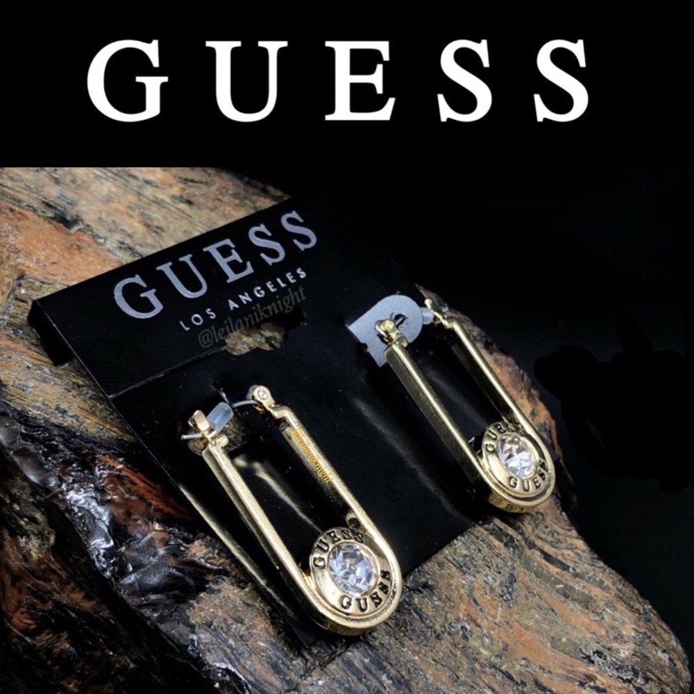Guess Gold Tone Crystal Logo U Hoop Earrings